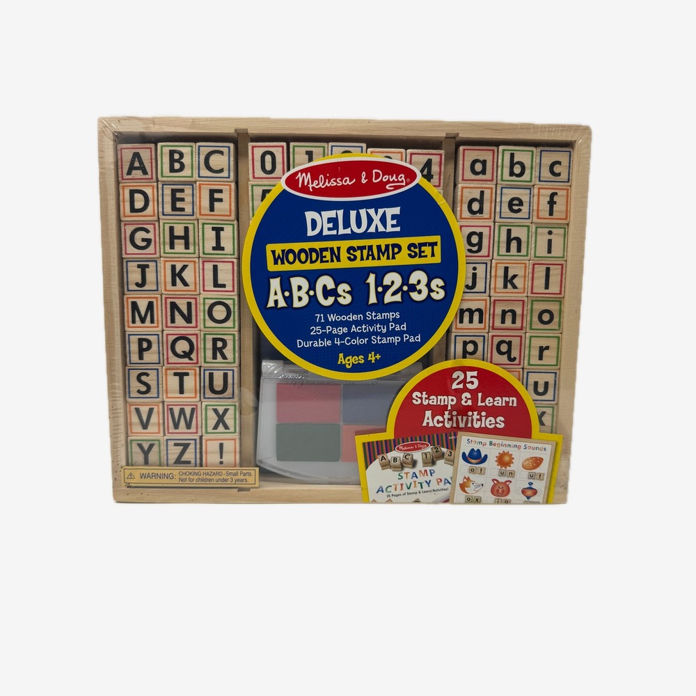 Melissa & Doug Deluxe Wooden Stamp Set ABCs 123s 71pc Activity Pad 34004 NIB